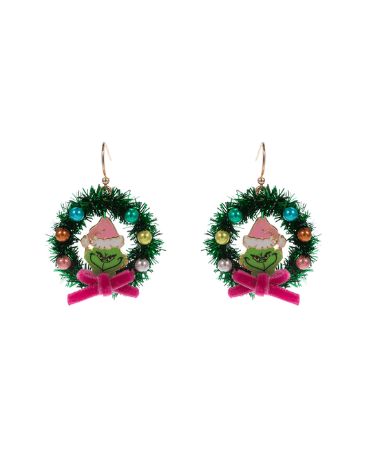 Christmas Wreath w/ Green Monster Brass Earring - 1.5"