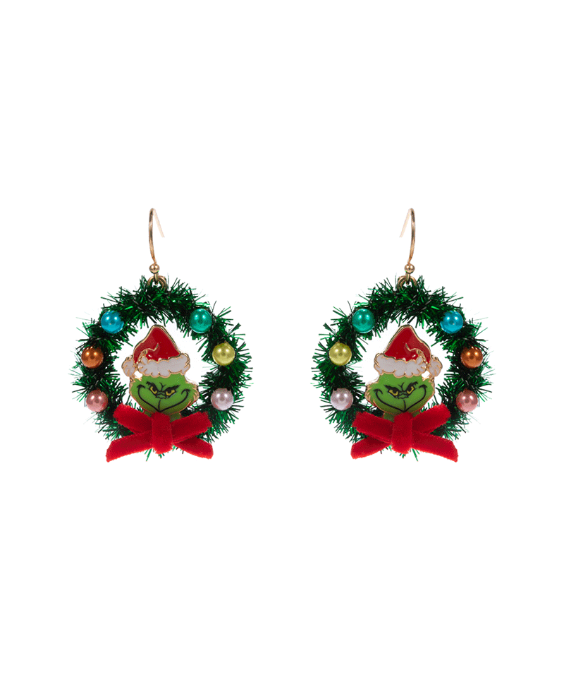 Christmas Wreath w/ Green Monster Brass Earring - 1.5"