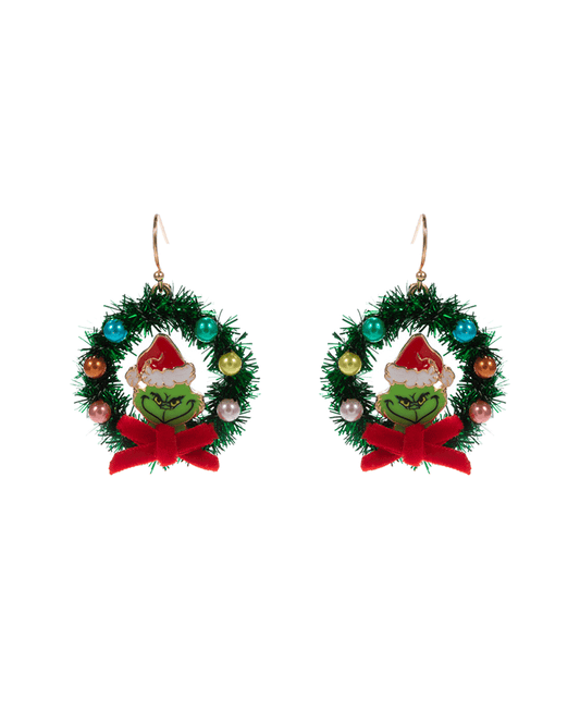 Christmas Wreath w/ Green Monster Brass Earring - 1.5"