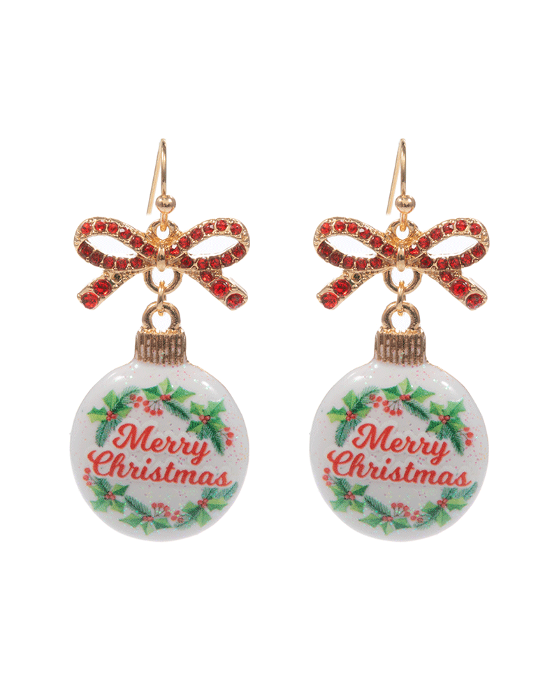 Paved Bow w/ Printed Enamel Ornament Earring - 1.5"