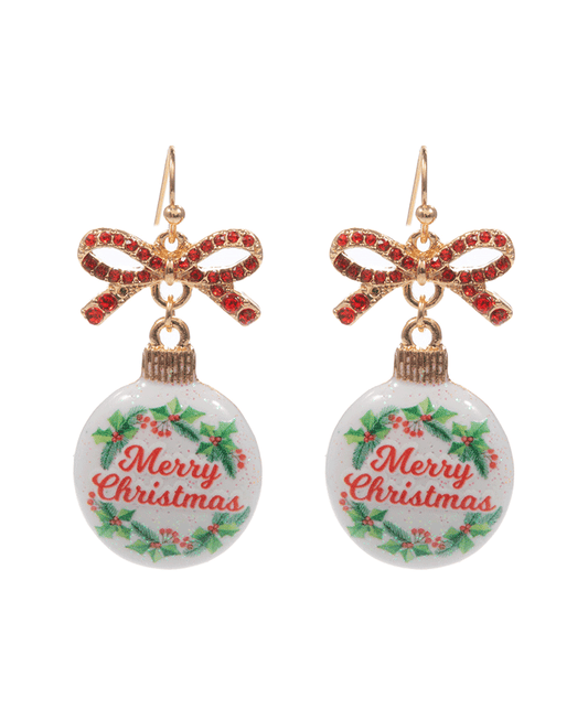 Paved Bow w/ Printed Enamel Ornament Earring - 1.5"