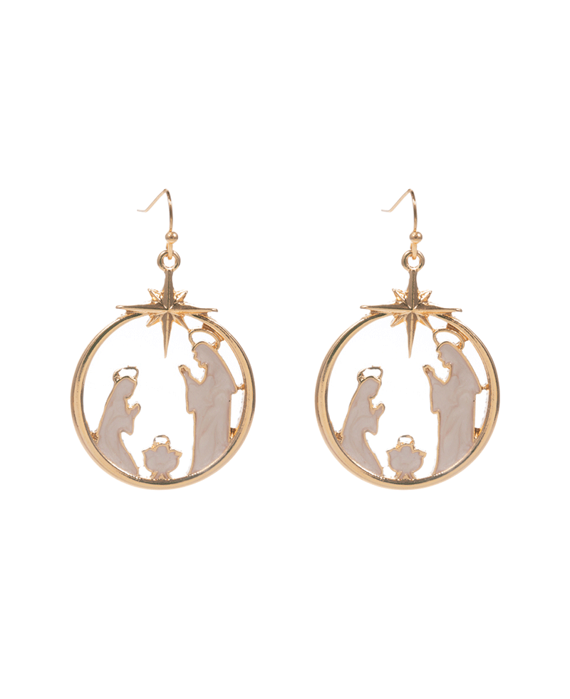 Ornament Shape Enameled Nativity Brass Earring - 1.75"
