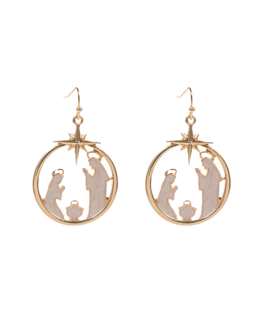 Ornament Shape Enameled Nativity Brass Earring - 1.75"