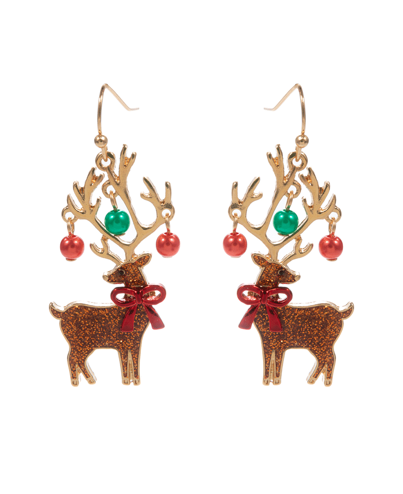 Deer w/ Pearl Ornaments Brass Earring - 1.75"