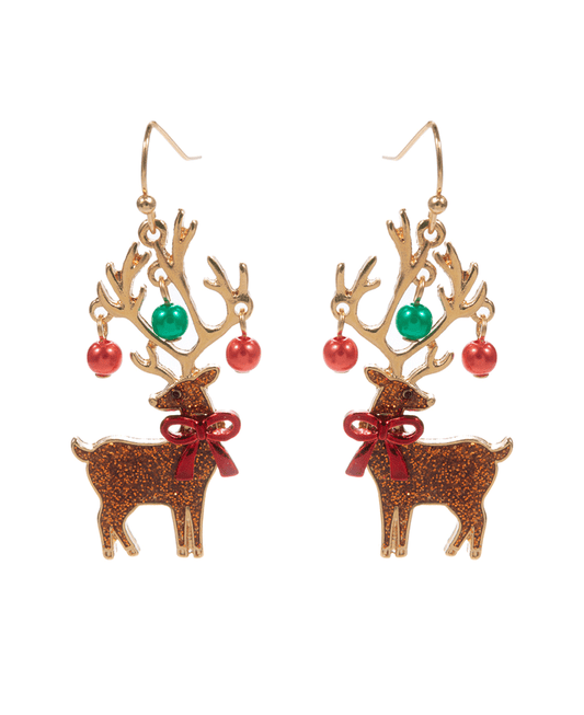 Deer w/ Pearl Ornaments Brass Earring - 1.75"