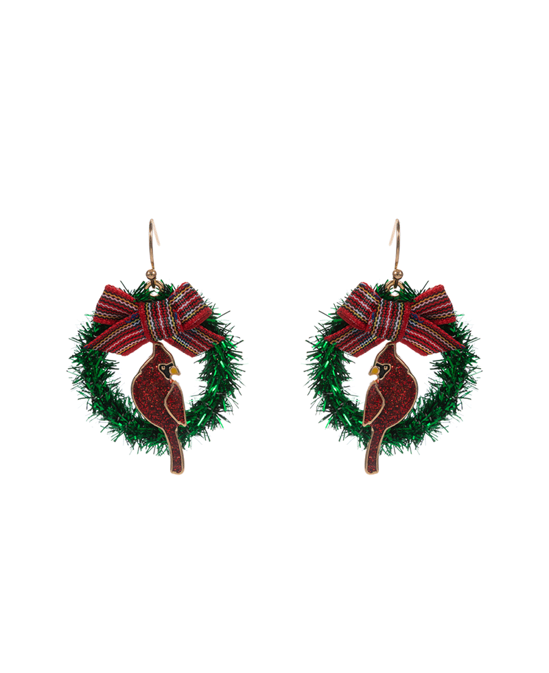 Cardinal Enamel w/ Metalic Thread Wreath Earring - 1.5"