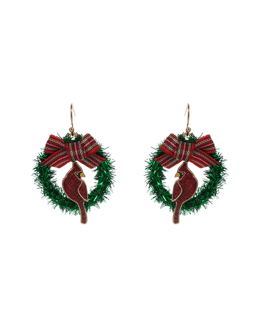 Cardinal Enamel w/ Metalic Thread Wreath Earring - 1.5"