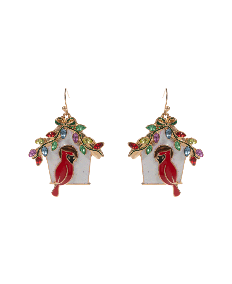 Christmas Bird House Enamel w/ Cardinal Earring - 1.75"