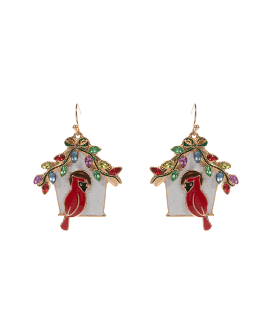 Christmas Bird House Enamel w/ Cardinal Earring - 1.75"