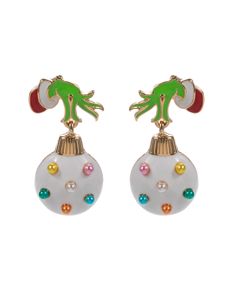 Green Monster Hand w/ Christmas Ornament Hypo Earring - 1.5"