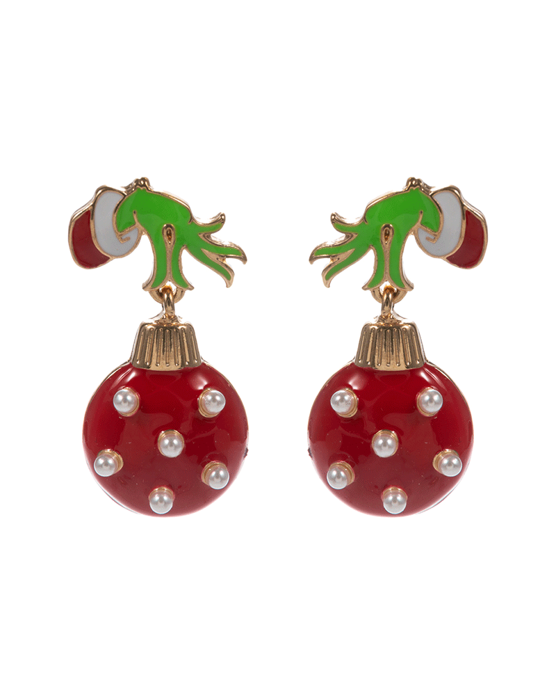 Green Monster Hand w/ Christmas Ornament Hypo Earring - 1.5"