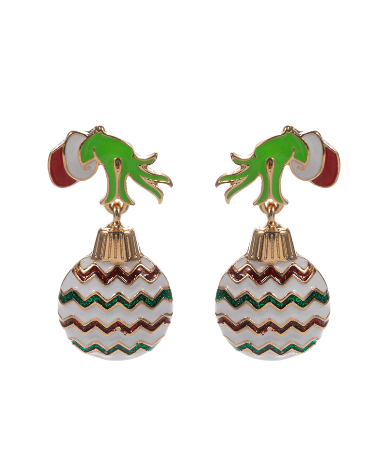 Green Monster Hand w/ Christmas Ornament Hypo Earring - 1.5"