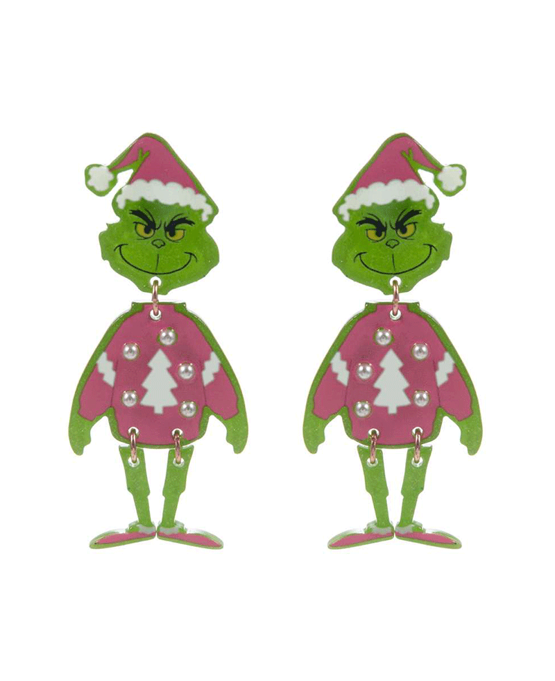 Acetate Green Monster w/ Christmas Sweater Hypo Earring - 2.25"
