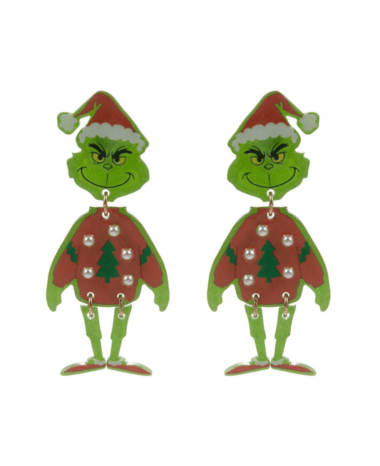 Acetate Green Monster w/ Christmas Sweater Hypo Earring - 2.25"