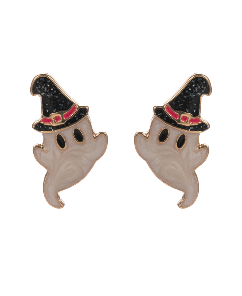 Ghost Pearlized Enamel w/ Witch Hat Post Earring - 0.75"
