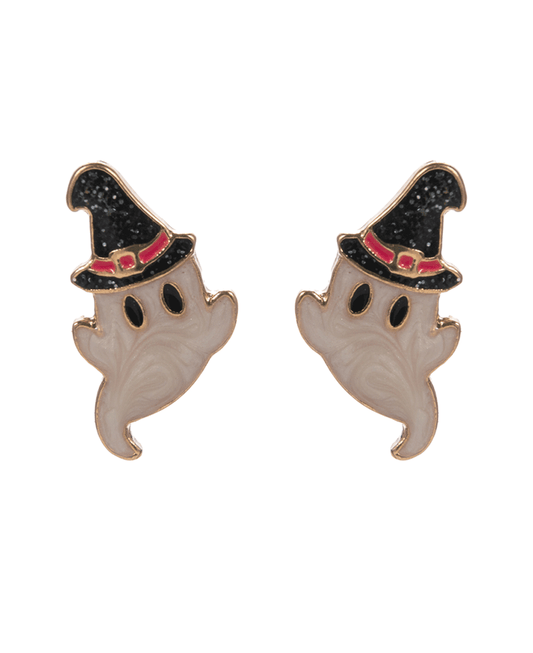 Ghost Pearlized Enamel w/ Witch Hat Post Earring - 0.75"