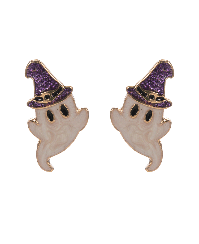 Ghost Pearlized Enamel w/ Witch Hat Post Earring - 0.75"
