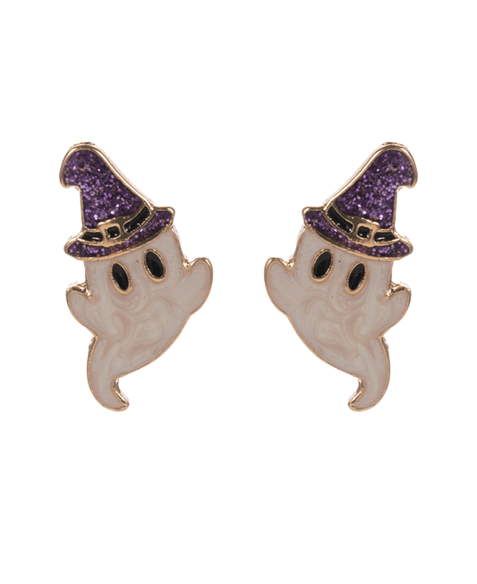 Ghost Pearlized Enamel w/ Witch Hat Post Earring - 0.75"
