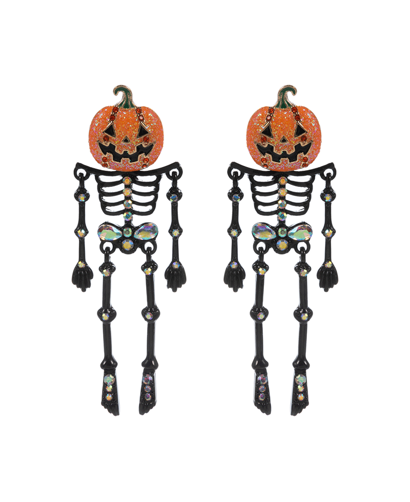 Skeleton w/ Pumpkin Head Post Earring - 2.75"