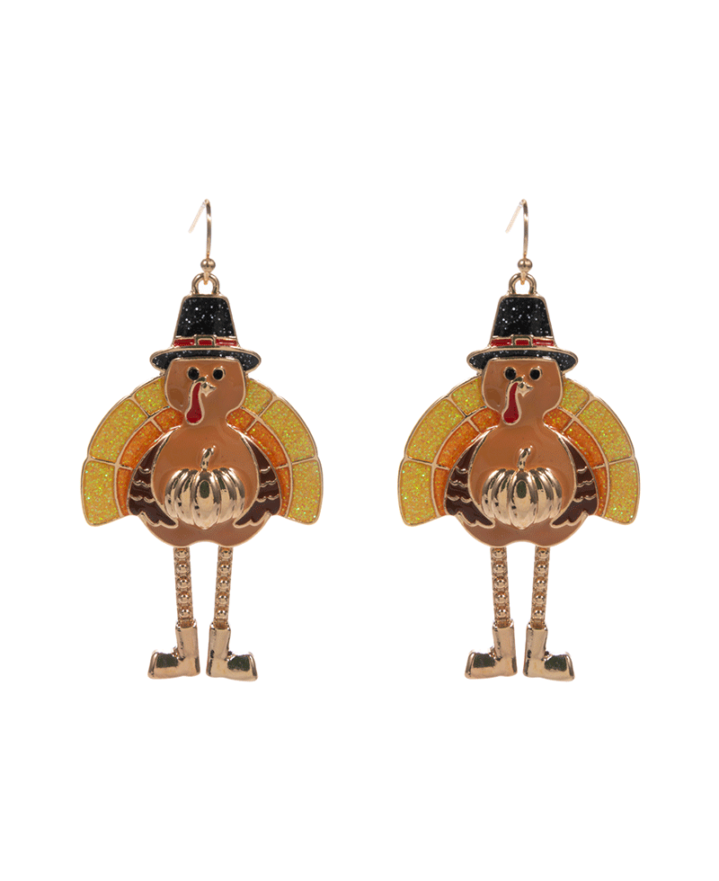 Turkey w/ Pumpkin Brass Earring - 2.5"