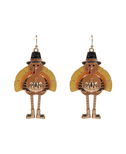 Turkey w/ Pumpkin Brass Earring - 2.5"