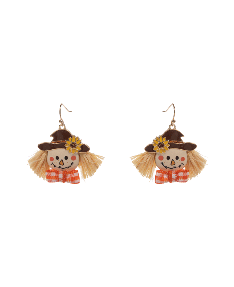 Scarecrow w/ Raffia Hair Brass Earring - 1.5"