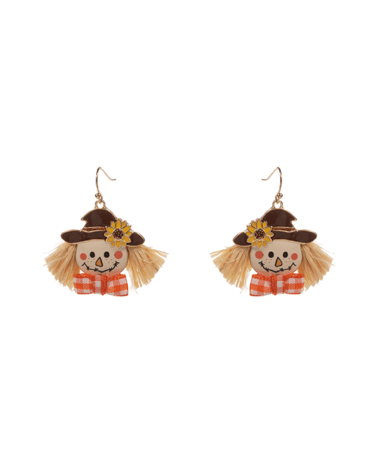 Scarecrow w/ Raffia Hair Brass Earring - 1.5"