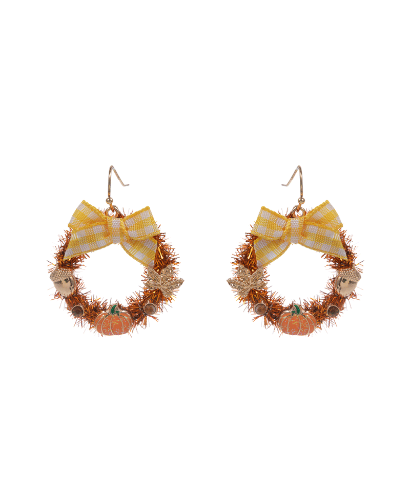 Fall Wreath w/ Pumpkin Leaf Acorn Brass Earring - 1.5"