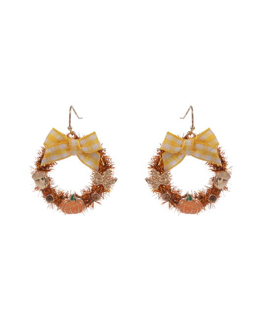Fall Wreath w/ Pumpkin Leaf Acorn Brass Earring - 1.5"