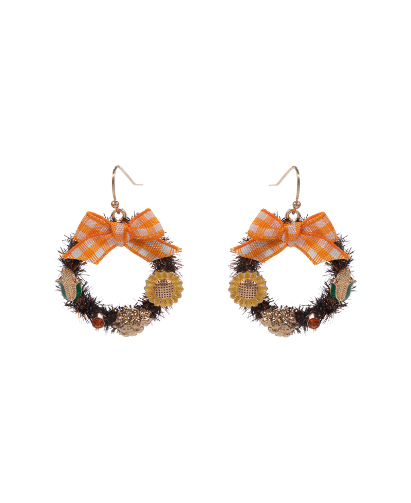 Fall Wreath w/ Sunflower Corn Pinecone Brass Earring - 1.5"