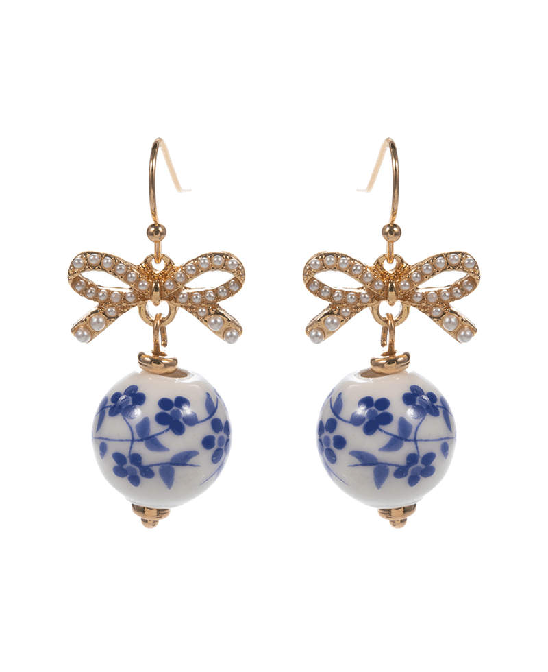 Pearl Ribbon w/ Ceramic Bead Earring - 1.5"