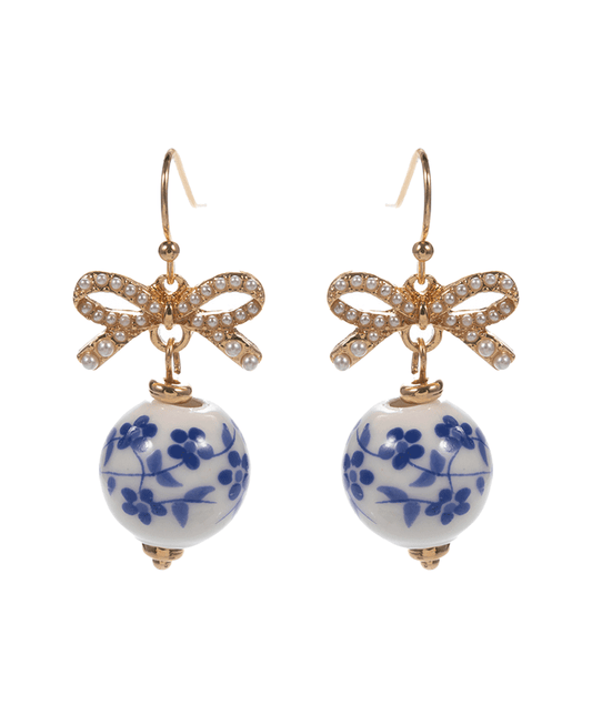 Pearl Ribbon w/ Ceramic Bead Earring - 1.5"