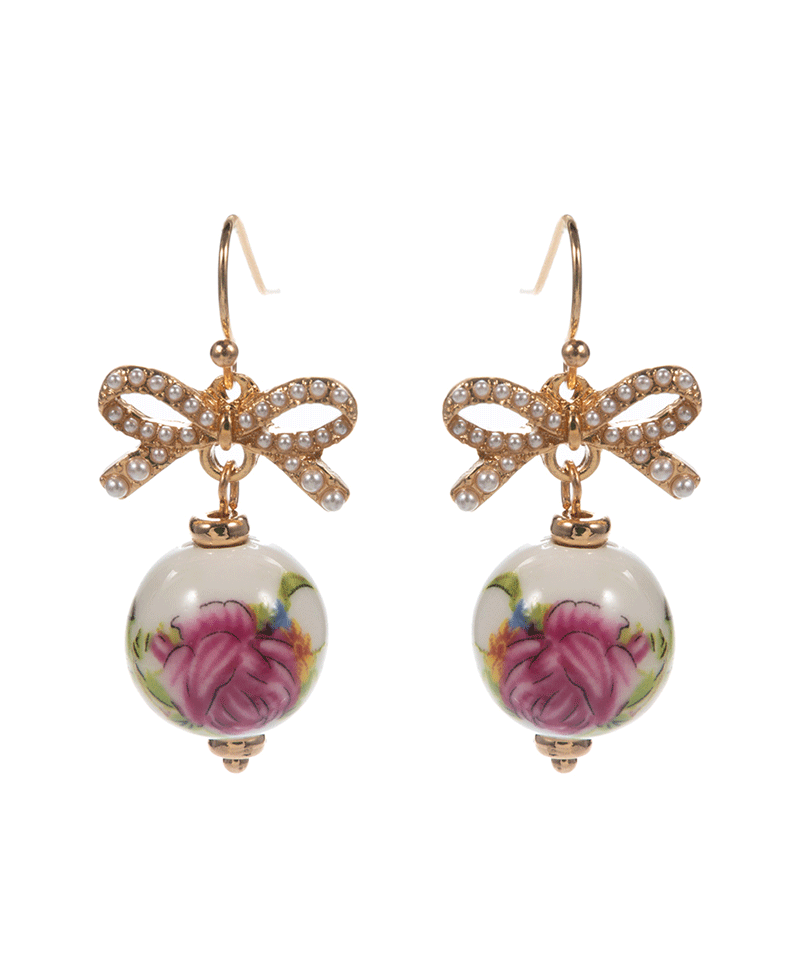 Pearl Ribbon w/ Ceramic Bead Earring - 1.5"