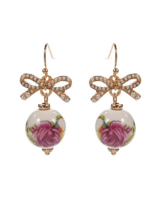 Pearl Ribbon w/ Ceramic Bead Earring - 1.5"