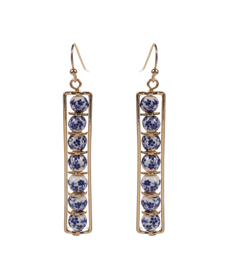 Rectangle w/ Ceramic Beads Brass Earring - 2.0"