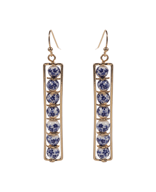 Rectangle w/ Ceramic Beads Brass Earring - 2.0"