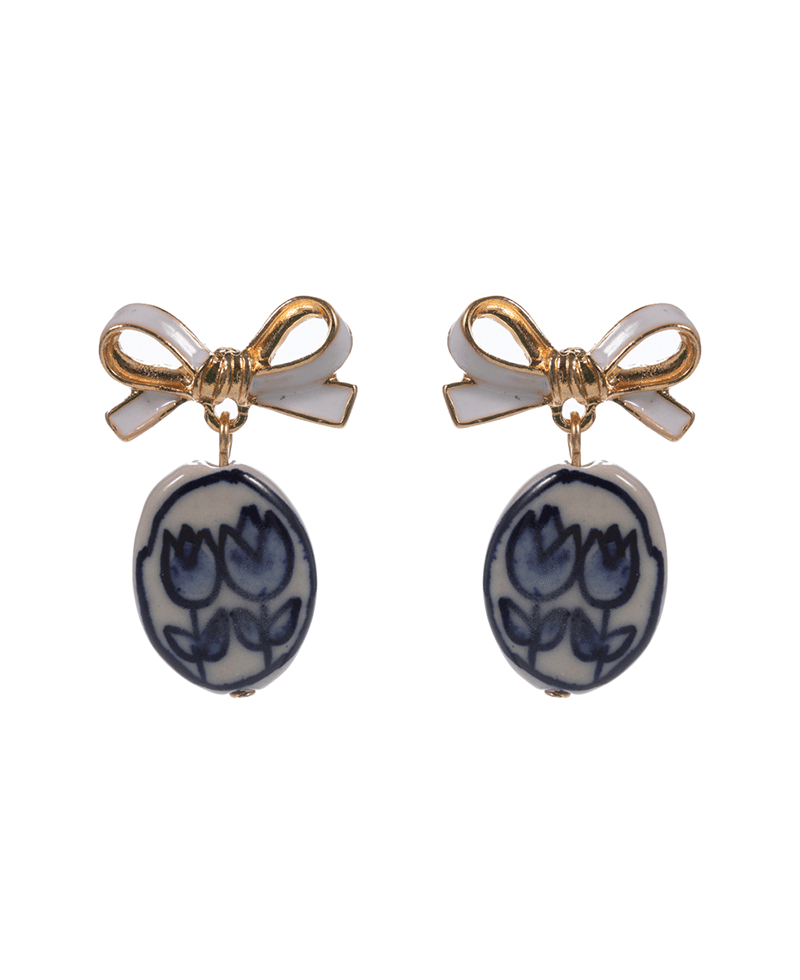 Tulip Print Ceramic Bead w/ Metal Bow Earring - 1.5"