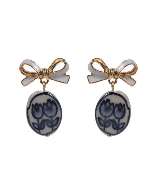 Tulip Print Ceramic Bead w/ Metal Bow Earring - 1.5"
