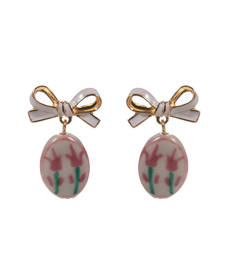 Tulip Print Ceramic Bead w/ Metal Bow Earring - 1.5"