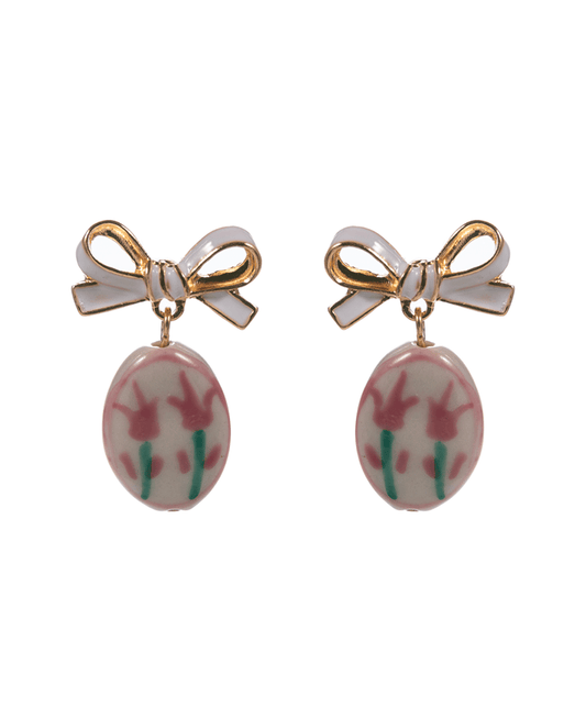 Tulip Print Ceramic Bead w/ Metal Bow Earring - 1.5"