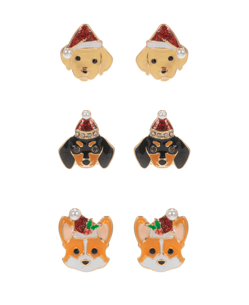 Dogs w/ Enameled Christmas Hat Set Earring - 0.75"