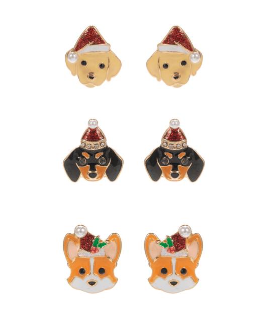 Dogs w/ Enameled Christmas Hat Set Earring - 0.75"