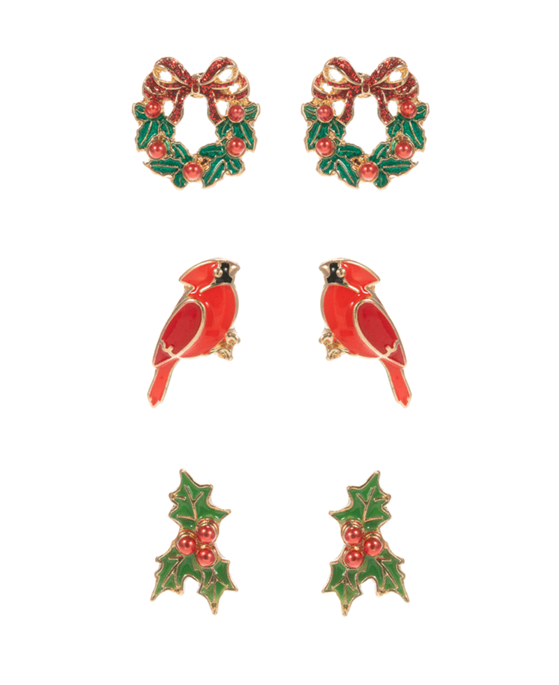 Wreath & Cardinal & Holly Enamel Set Earring - 0.75"