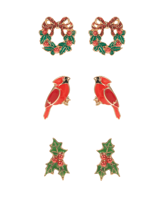 Wreath & Cardinal & Holly Enamel Set Earring - 0.75"