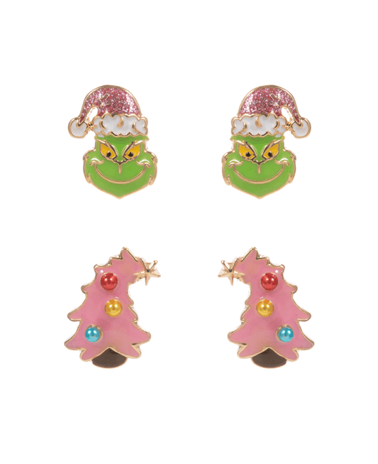 Green Monster & Christmas Tree 2 Set Earring - 0.75"