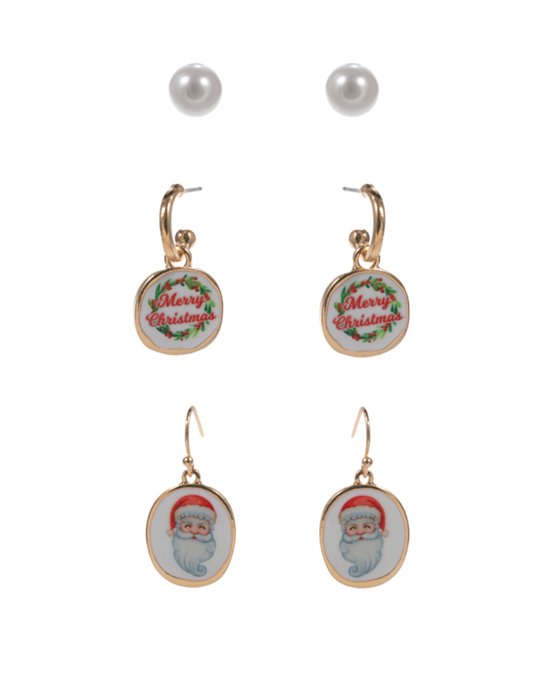 Santa Claus & Wreath Printed Enamel 3 Set Earring - 1.0"
