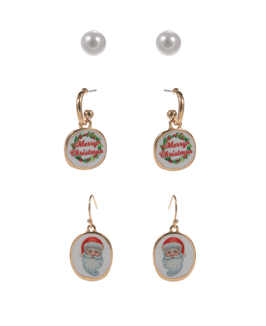 Santa Claus & Wreath Printed Enamel 3 Set Earring - 1.0"