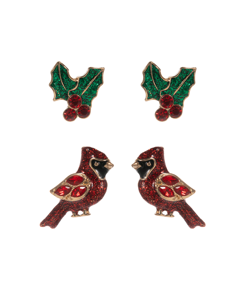Cardinal & Holly Leaf Hypo 2 Set Earring - 1.0"