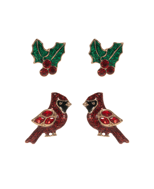 Cardinal & Holly Leaf Hypo 2 Set Earring - 1.0"