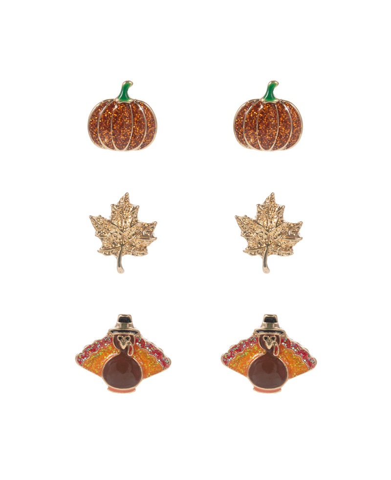 Pumpkin & Leaf & Turkey 3 Set Hypo Earring - 0.25"